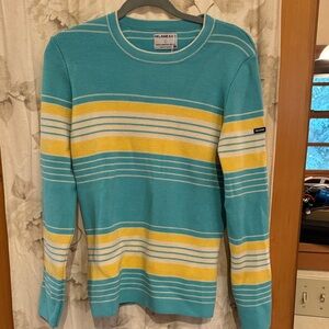 Women's Retro Turquoise and Yellow Striped Crewneck Sweater